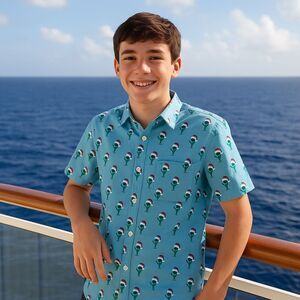 Wurl Boys Collared Button Up Blue Shirt Christmas Santa Aliens Cruise Party Sz M